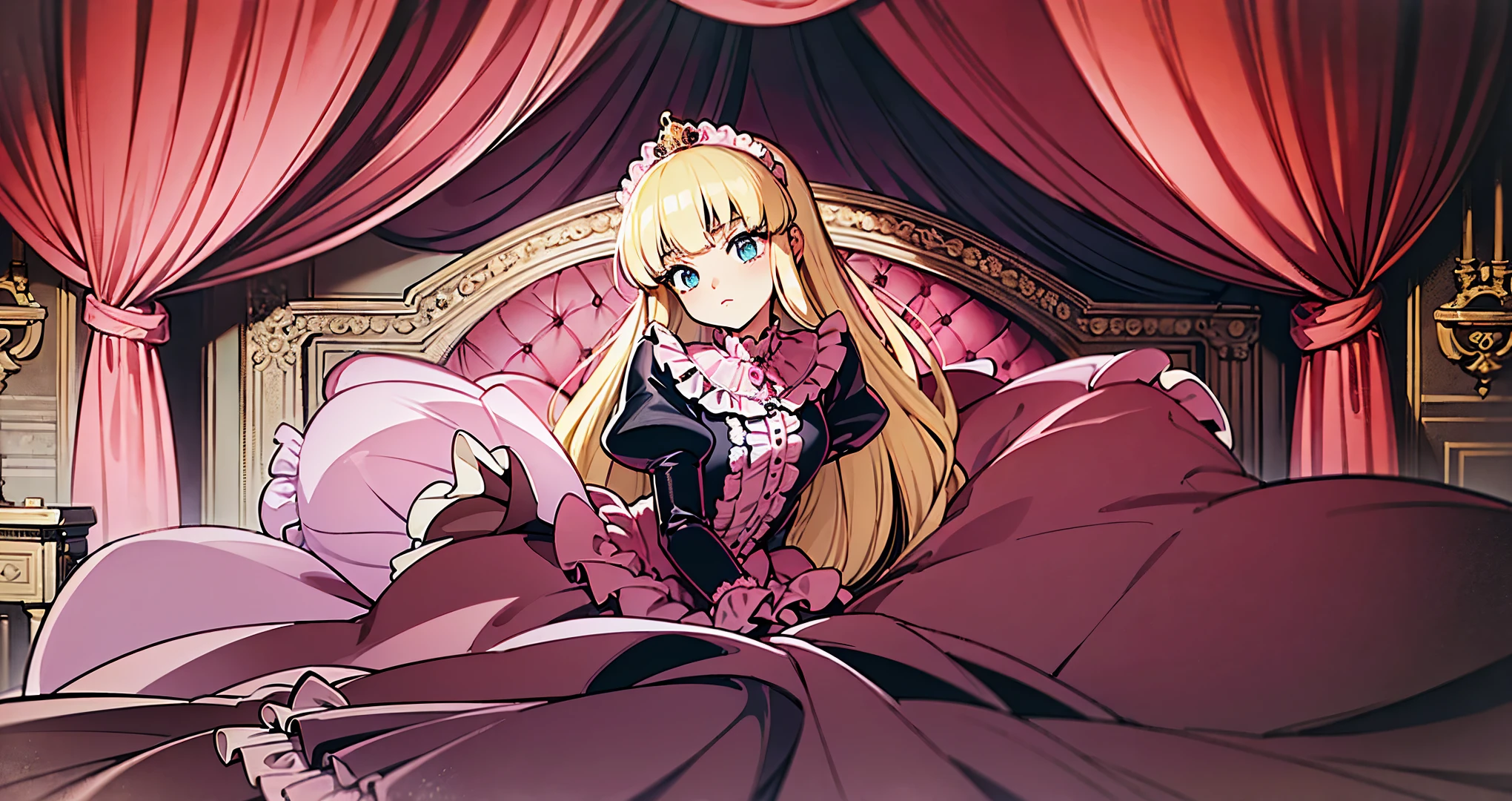 ,highest quality, masterpiece, highest resolution, artwork, super それにget used to it, many get used to it, get used to it, それにget used to it, 3K anime illustration,(( When I was 10 years old)),Super detailed baby face,She is a princess,Full length ball gown dress with hoop skirt,ruffled yoke collar,puff sleeves,long sleeve,((lolita style hot pink princess satin dress、Comes with lots of frills and ribbons。)),colorful rococo fashion,shiny satin dress,Soft and smooth fabric,luxury,long blonde hair,blue eyes,white skin european,pajamas,((inside the palace)),,,(( When I was 10 years old)),Super detailed baby face,Full length ball gown dress with hoop skirt,long skirt,ruffled yoke collar,puff sleeves,腰まで伸びるlong blonde hair,blue eyes,white skin european,pajamas,((Inside the castle bedroom)),ピンクのシルクサテンのluxuryなcanopy bedの上,canopy bed,luxurious curtains under the canopy,many pink frilly pillows on the bed,super detailed background,detailed bed,silk satin bed sheets,soft pink silk satin comforter,pink soft silk satin ruffled pillow,little princess is sitting on the bed,((((large ball gown dresses that completely cover the legs)))),((((legs are hidden in the dress,Don&#39;Don&#39;Don&#39;t put your feet out to the side)))),Beautiful girl illustration,detailed beautiful face detailed hair,detailed human eye ,detailed mouth, arm details,fine hands,Detailed pillow,A pile of frilly pillows behind the girl,