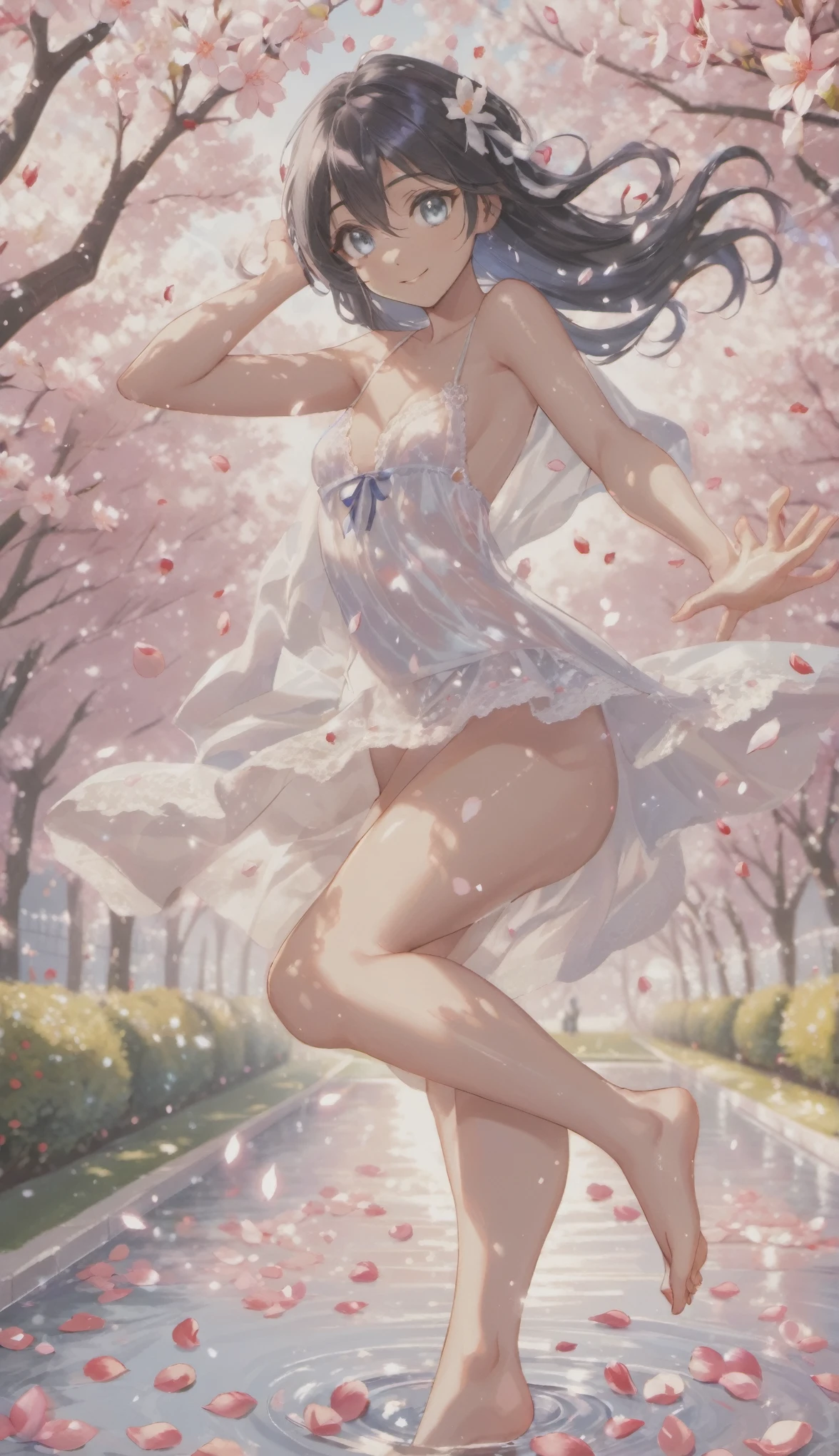 Nsfw、No clothes、nude、(girl:1.5),race,ribbon,(masterpiece, side light, Beautiful detailed gray eyes: 1.2), Medium chest, realistic, shining eyes,shiny hair,black hair,long long hair, Glossy skin, alone, embarrassing,exquisite,beautifully,garden,flowers,flying petals, barefoot, Cherry Blossom, cinematic light, cinematic composition, rich expression、smile