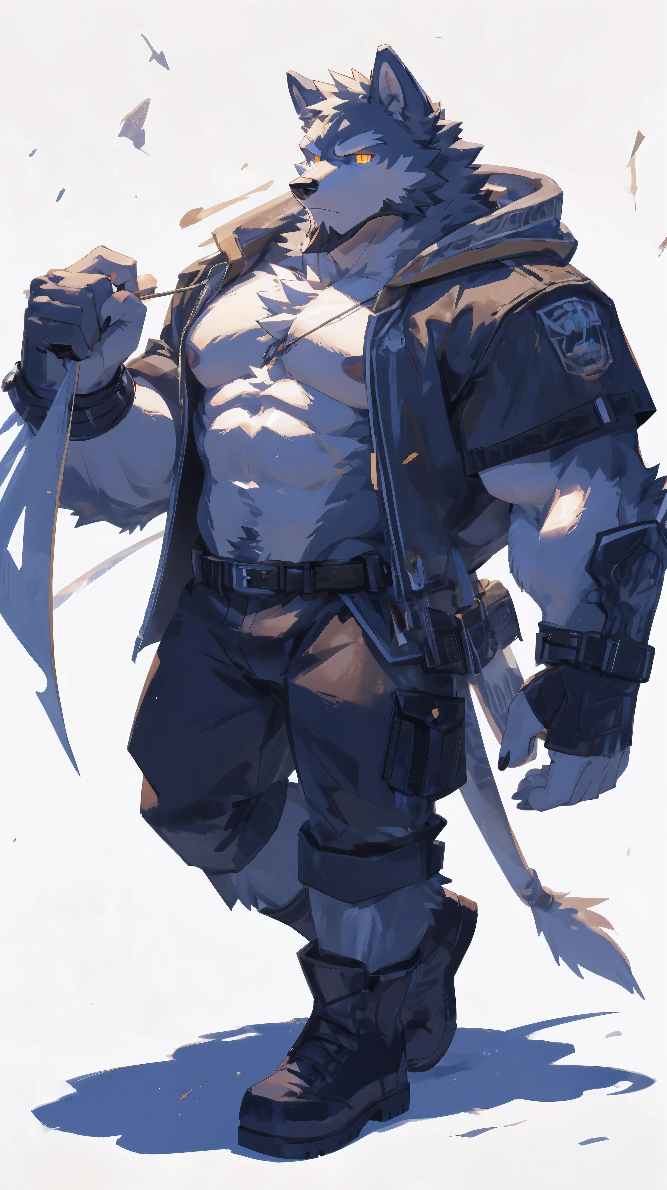 (masterpiece:1.2), best quality,pixiv,official art,perfect anatomy, (Ray tracing, light),solo, (1_male:1.3) , (muscle), (dark fur:1.4), (dynamic poses:1.3), (ultra deTailed), sharp focus, Negi, eyes, (glowing cyan eyes), hairy, (Gray fur:1.4),(muscle bear), (beard:1.3), Tail, Thick eyebrows,open hoodie, naked inside, cargo shorts, boots, ultra deTailed face, high deTails, high quality, (best quality,4K,8K,high resolution,masterpiece:1.2),bright colors, float in the sky, reach hand, (white background:1.3), (light flow:1.3)，(wolf tail:1.3)