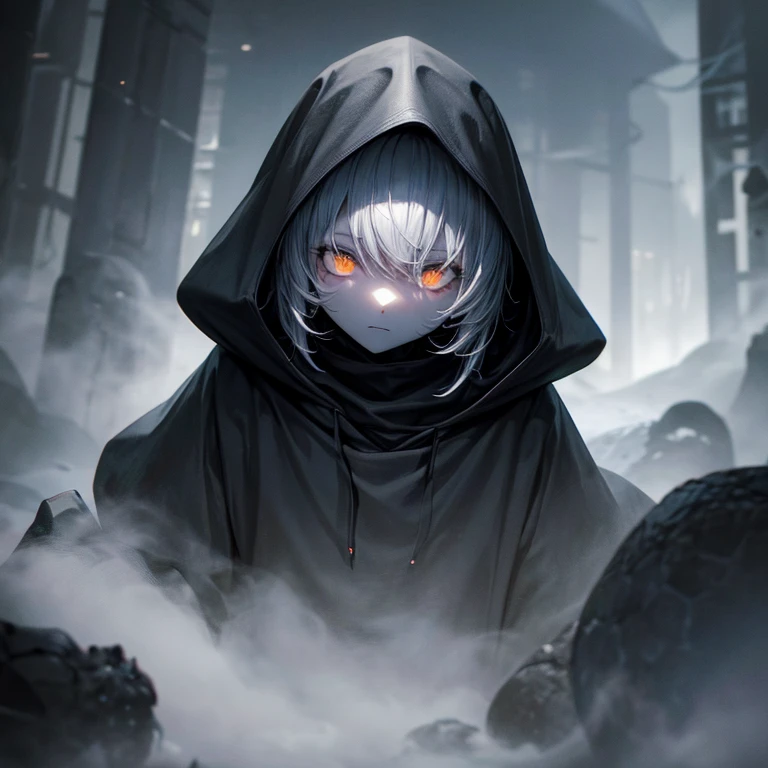 Mysterious creature sitting right of the screen, only bright eyes are visible, smoke in background, everything in grey tones except for the eyes and small details and particles in the air, 4k, nonhuman, high qulaity, dramatic, dark, creature wearing a hood, only eyes are visible and brighf , female