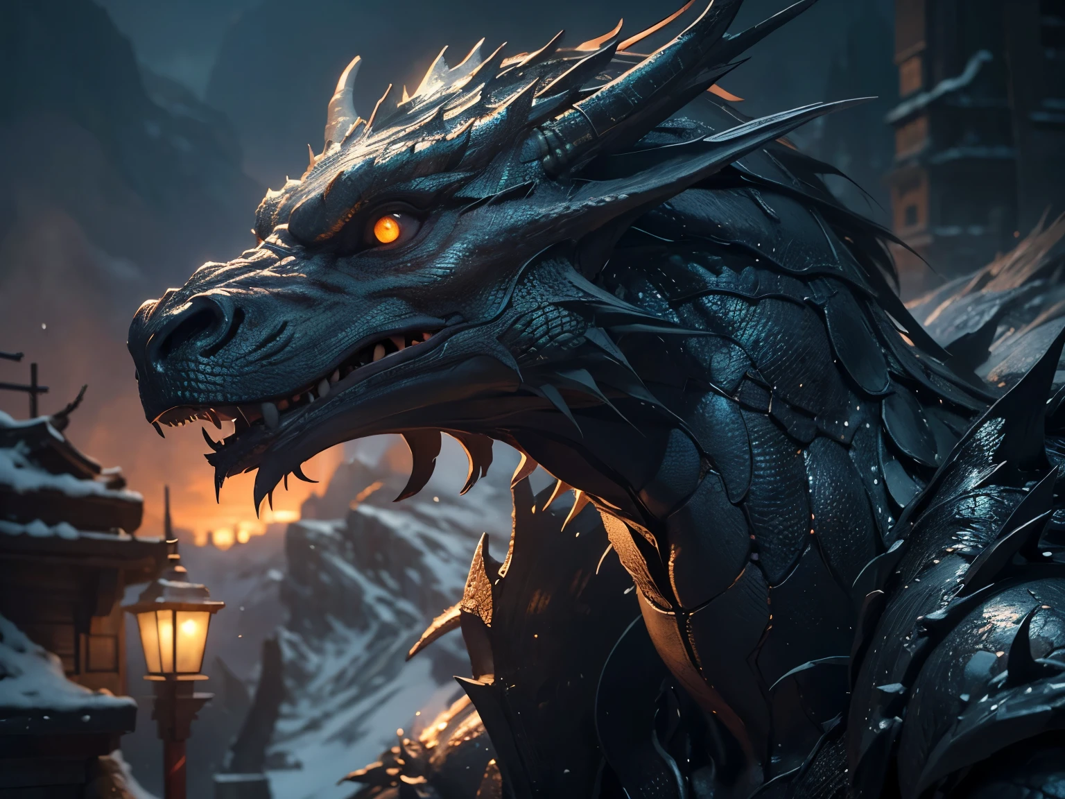 (closer snapshot) giant dragon head in the winter night, realistic, cinematic lighting, unreal engine, trending on ArtStation, intricate details, masterpiece, best quality, by Irakli Nadar, Greg Rutkowski