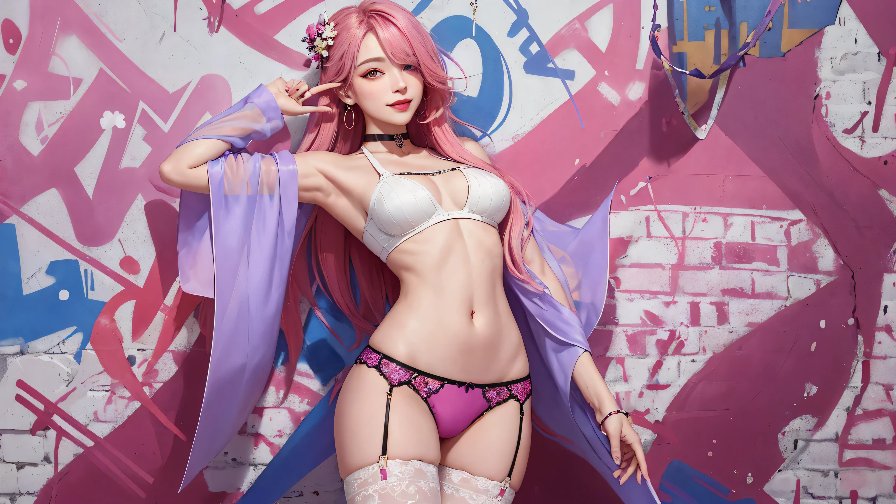 (masterpiece, best quality, 1girl, solo, intricate details, chromatic aberration), realistic, ((medium breath)),long hair, pink hair, red head ornament, pink highlights, hair over one eye,purple eyes, earrings, sharp eyes, choker, neon shirt, She wears a collar, bangles, and a kimono-style garter belt., crop top, (symmetry eyes),(perfect symmetrical body),against wall, brick wall, (colorful graffiti words on wall:1.2), dim lighting, alley ,look at viewer、dig breasts、smile、(No sleeve、Navel exposed、fitted turtleneck)、hot pants string street、thin butt、Please generate above the eaves.、thin shoulders、In underwear、