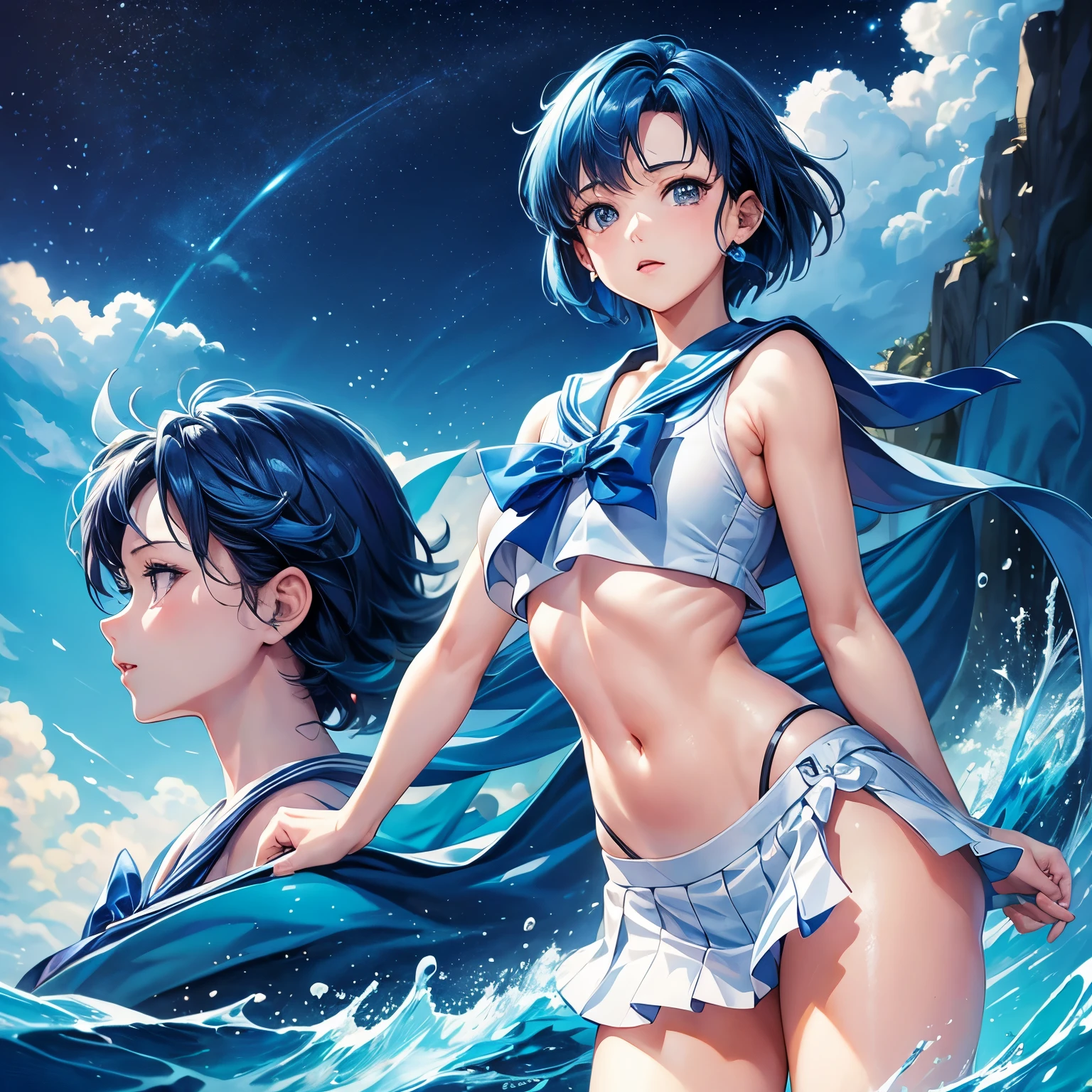(masterpiece), (best quality), actual, film light, Mizuno Ami, Sailor Mercury, stand, battlefield background, Perfect body, blue hair,