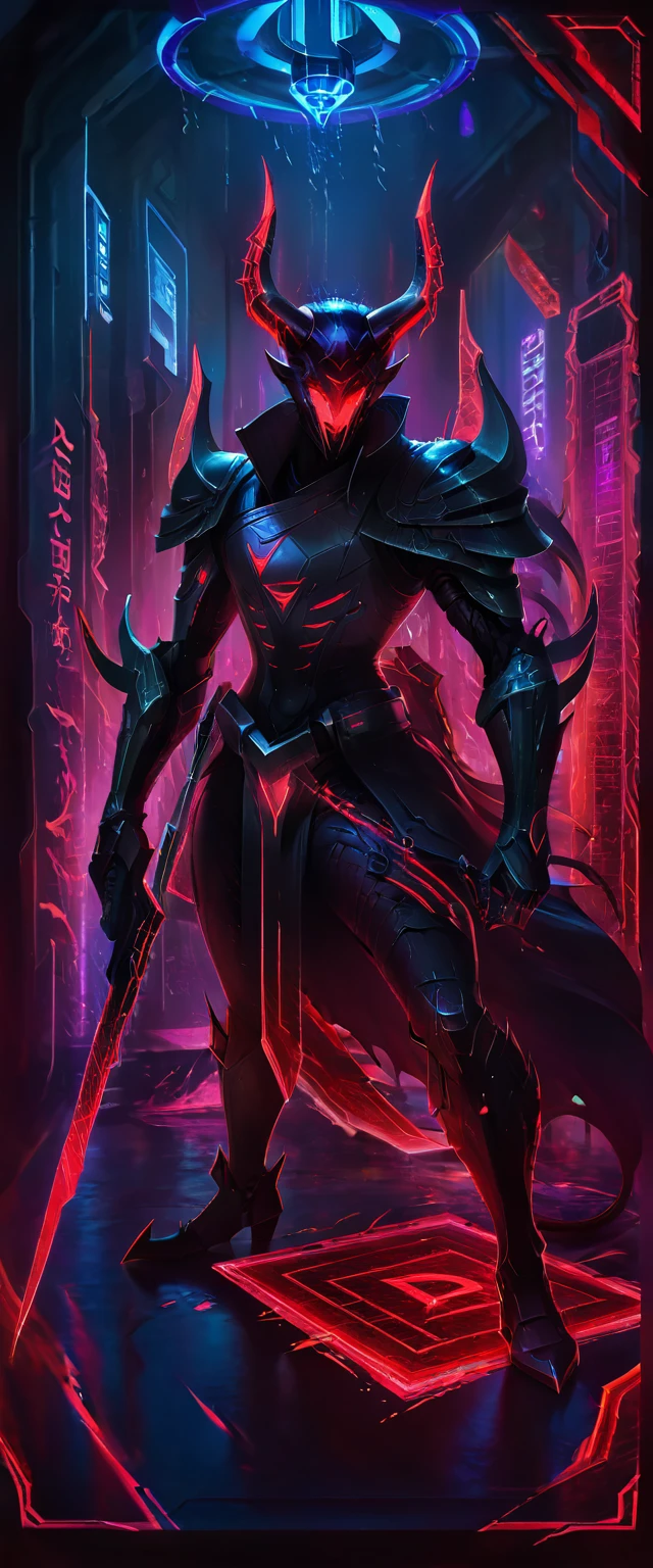 Tarot cards, Devil, cyberpunk style, gloomy, mysterious with dark neon and holographic colors, warm colors, bloody red card border, the word DEVIL inscription detailed, 8k
