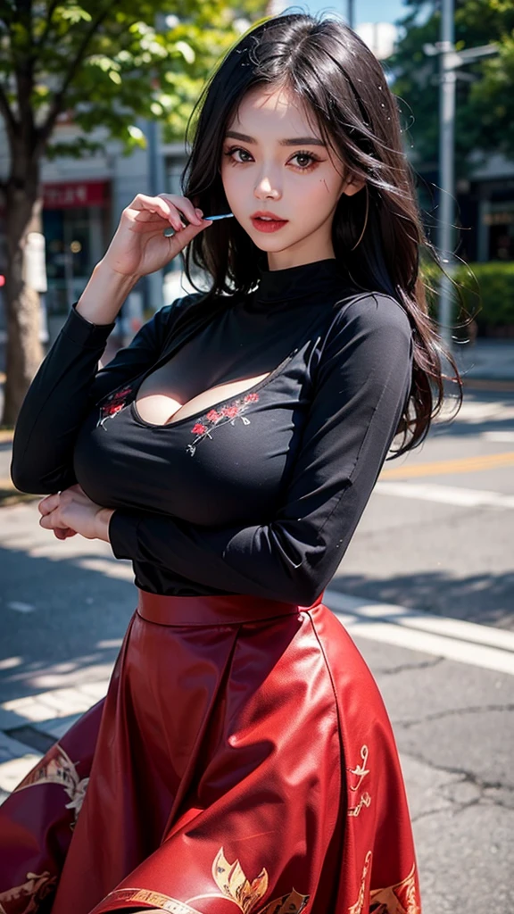 (8k, raw photos, realistic: 1.25), (lip balm, eyelash, shiny face, shiny skin, best quality, Ultra high resolution, depth of field, Chromatic aberration, Moisturized lips, A specially trimmed face, Eyes with sparkling details, black hair, semi-long, 1 girl, wearing amm shirt, red top, long sleeve, Wear a long skirt., red long skirt acm, print skirt), (Huge breasts, เต้าBig tits, Eye-catching breasts, Big tits), outdoor, sunlight.