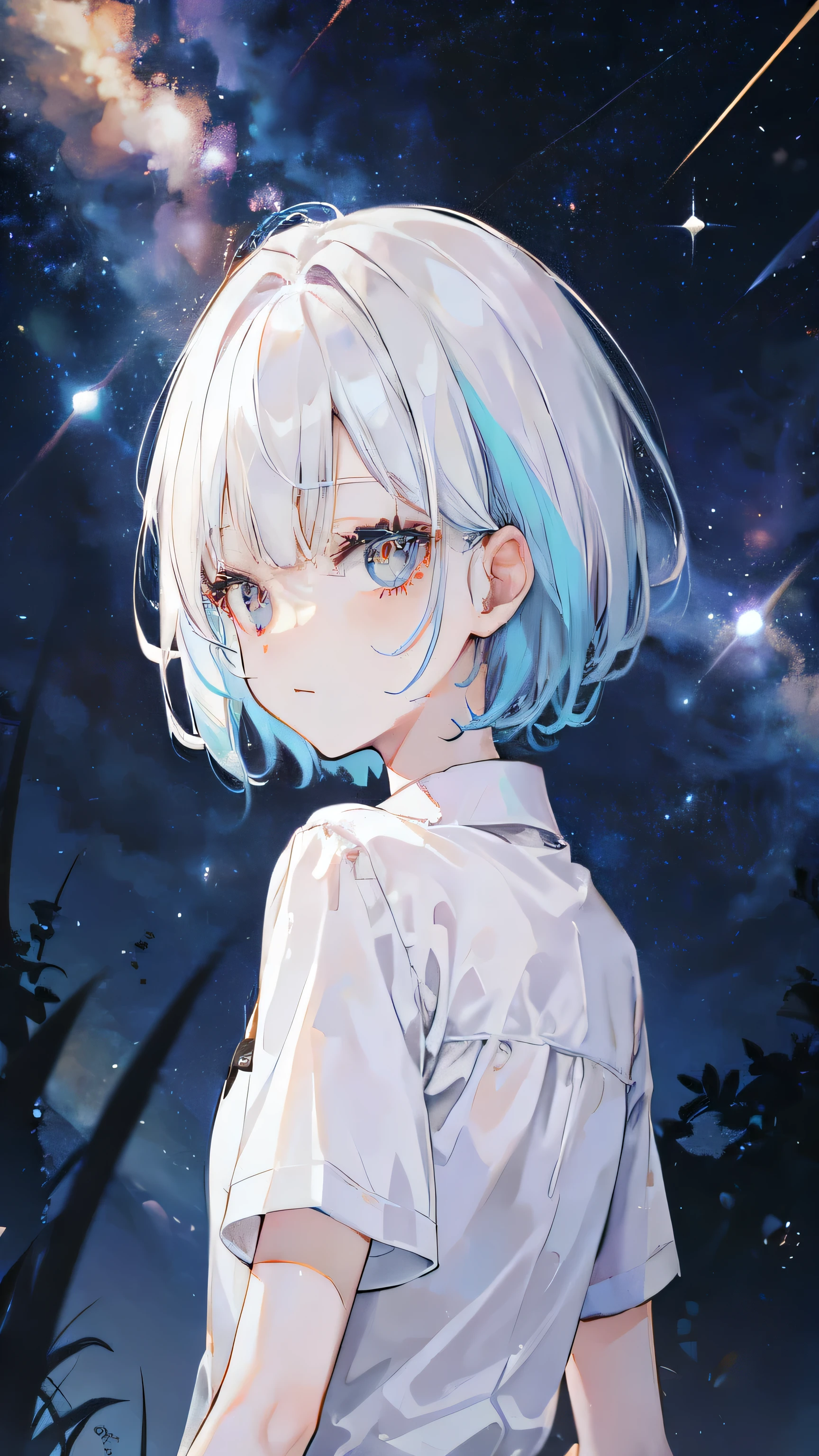 white short hair，girl，Wears a white long-sleeved shirt，Colored pupils，Look back at me，Only the upper body is visible，night background