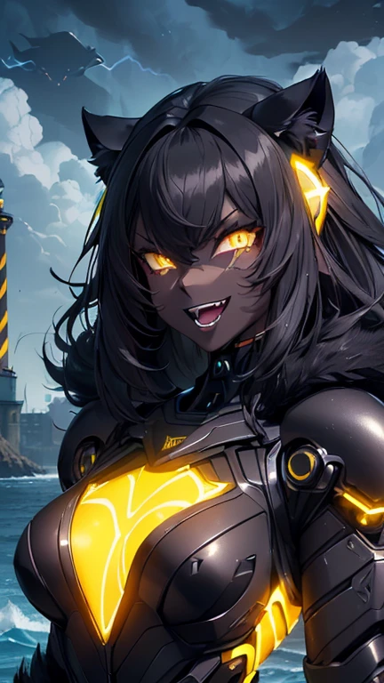 《masterpiece》, 《best quality》, 《ultra-detailed》,
'(((1girl)))', cute, '(((augmented cyborg)))', '((((dark skin))))', '((((black fur))))', '((((glowing yellow eyes))))', '((((black exoskeleton))))', '((((black hair color))))', messy hair, '(((supple body)))', '(((scorching body)))', '(((sharp nails)))', '(((black protruding hair ornament:1.0)))', '((((fused with panther))))',
'(((((evil smile)))))', '((((open mouth))))', '(((villain)))',
'((((beckoning cat pose))))',
'(((Lighthouse)))', '(((Dark clouds are gathering)))', '((((Rough seas))))',