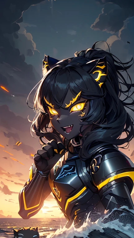 《masterpiece》, 《best quality》, 《ultra-detailed》, 

'(((1girl)))', cute, '(((augmented cyborg)))', '((((dark skin))))', '((((black fur))))', '((((glowing yellow eyes))))', '((((black exoskeleton))))', '((((black hair color))))', messy hair, '(((supple body)))', '(((scorching body)))', '(((sharp nails)))', '(((black protruding hair ornament:1.0)))', '((((fused with panther))))',

'(((((evil smile)))))', '((((open mouth))))', '(((villain)))',

'((((beckoning cat pose))))',

'(((Lighthouse)))', '(((Dark clouds are gathering)))', '((((Rough seas))))',