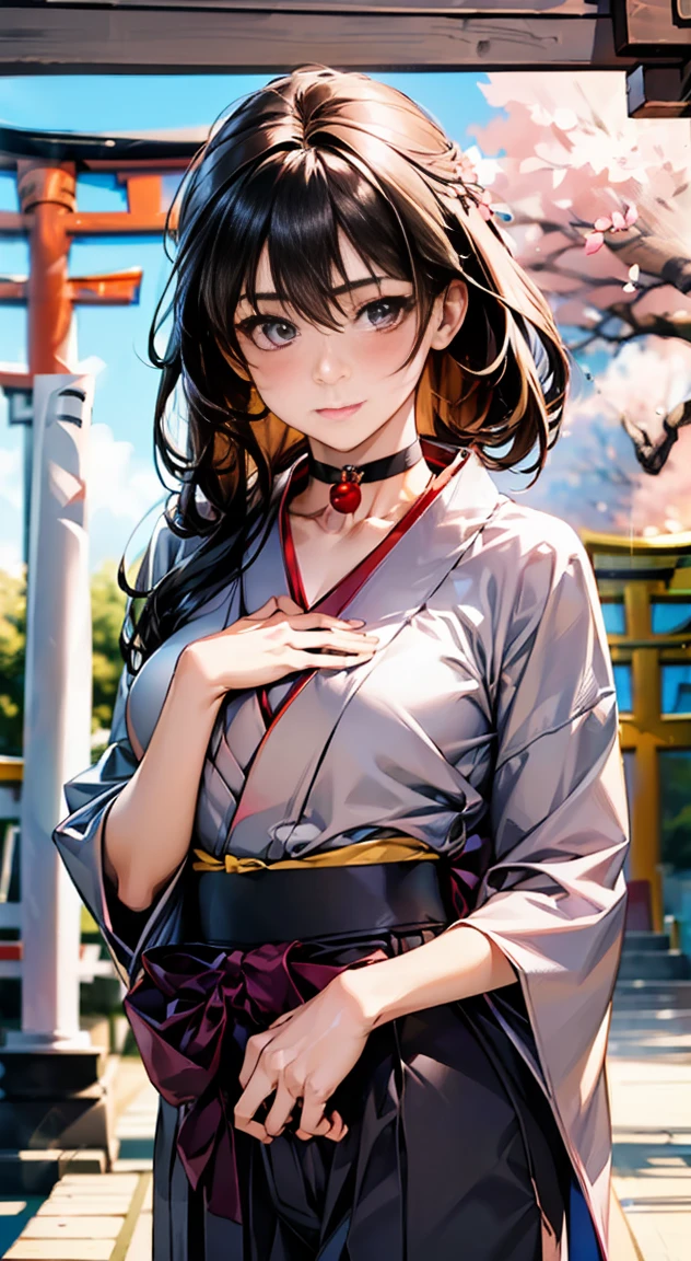 (masterpiece:1.2, highest quality, 8k, advanced details), (realistic, photorealistic:1.4), beautiful illustrations,
looking at the viewer, whole body, Front view:0.6,
((1 mature woman, 32 years old)), Japanese, ((long black hair:1.5, straight hair)), blown hair, bangs, hair between eyes , big breasts beautiful hair, beautiful hairstyle, beautiful face, beautiful and detailed eyes, (shining eyes:1.3), beautiful clavicle, beautiful body, beautiful breasts, beautiful thighs, beautiful feet, beautiful fingers, perfect anatomy:1.3, perfect anatomy,
((put your left hand on your chest:1.3)),
(Look at the viewer while blushing:1.3)
((hakama pants, choker:1.3)), ((shrine:1.6, within the territory, torii, Cherry blossom trees:1.3))