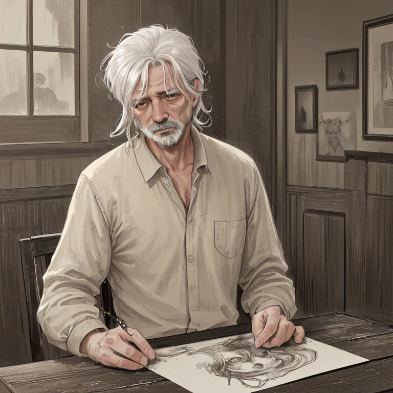 (best quality,4k,8k,highres,masterpiece:1.2),ultra-detailed,realistic,photorealistic:1.37,a middle-aged man,with a weathered but well-maintained appearance,graying hair,dyed pure white,his face showing signs of fatigue but remaining alert,a tired but vigilant expression,medium:oil painting,artwork:charcoal sketch,with intricate lines and shading,giving a sense of depth and texture,background:a dimly lit room,with a soft glow of warm light,casting gentle shadows on his face,the room filled with an atmosphere of tranquility,sparse furniture and worn wooden floorboards,enhancing the somber mood,enhanced with HDR,sharp focus and vivid colors,to bring out the fine details of his face and surroundings,colored with a subtle sepia tone,adding a touch of nostalgia and melancholy,a deep sense of introspection and resilience emanating from the man's weary but determined eyes and lips.