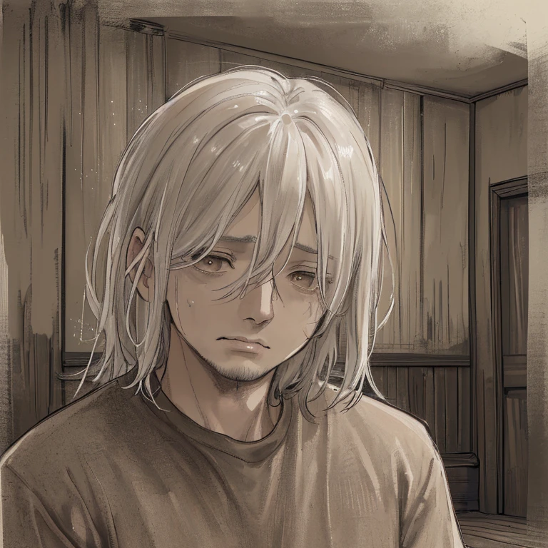(best quality,4k,8k,highres,masterpiece:1.2),ultra-detailed,realistic,photorealistic:1.37,a middle-aged man,with a weathered but well-maintained appearance,graying hair,dyed pure white,his face showing signs of fatigue but remaining alert,a tired but vigilant expression,medium:oil painting,artwork:charcoal sketch,with intricate lines and shading,giving a sense of depth and texture,background:a dimly lit room,with a soft glow of warm light,casting gentle shadows on his face,the room filled with an atmosphere of tranquility,sparse furniture and worn wooden floorboards,enhancing the somber mood,enhanced with HDR,sharp focus and vivid colors,to bring out the fine details of his face and surroundings,colored with a subtle sepia tone,adding a touch of nostalgia and melancholy,a deep sense of introspection and resilience emanating from the man's weary but determined eyes and lips.