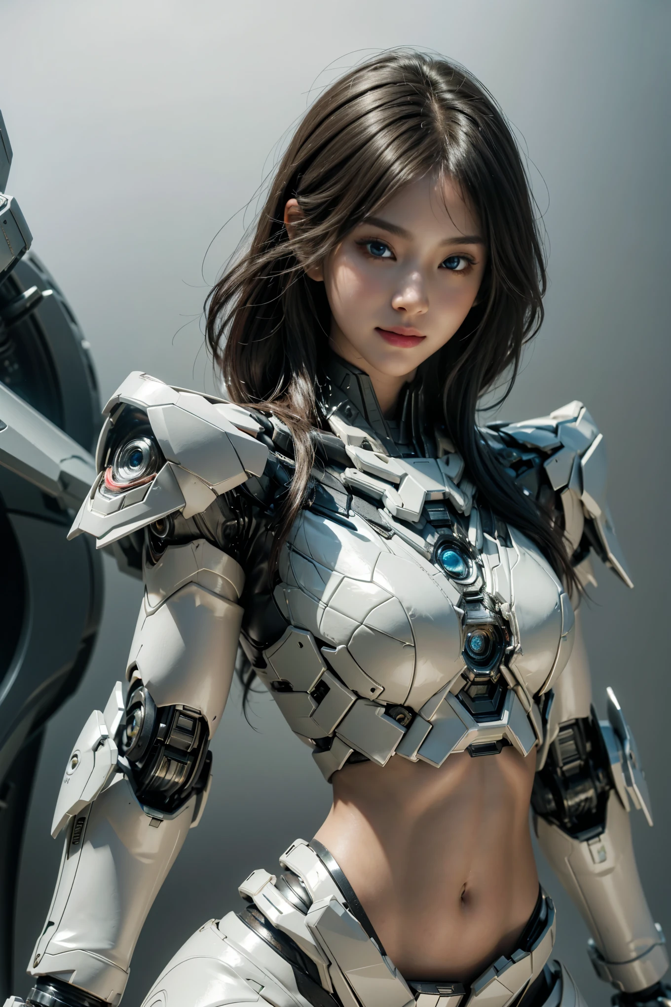 textured skin, Super details, high detail, high quality, best quality, ultra high resolution, 8K, hard drive, fair,(war machine),beautiful woman,Mecha girl,Versus mode,Mecha girl,她穿着未来war machine武器机甲,Full body photo with navel exposed,bare belly,Completely exposed waist,No armor covering the abdomen,delicate face, vibrant eyes, high detail皮肤, Realistic skin details, Visible pores, sharp focus, volumetric fog, 8K Ultra HD,photorealism, , Ultra-detailed skin for face and body, perfect asian, White skin, (Delicate skin:1.3), (perfect glowing skin:0.6), beautiful eyes, round eyes, pretty face, blush, glossy lips, high nose bridge, shiny eyes, Perfectly proportioned face, Really moist skin, Smile,exquisite expression, looking at camera,upper body capture