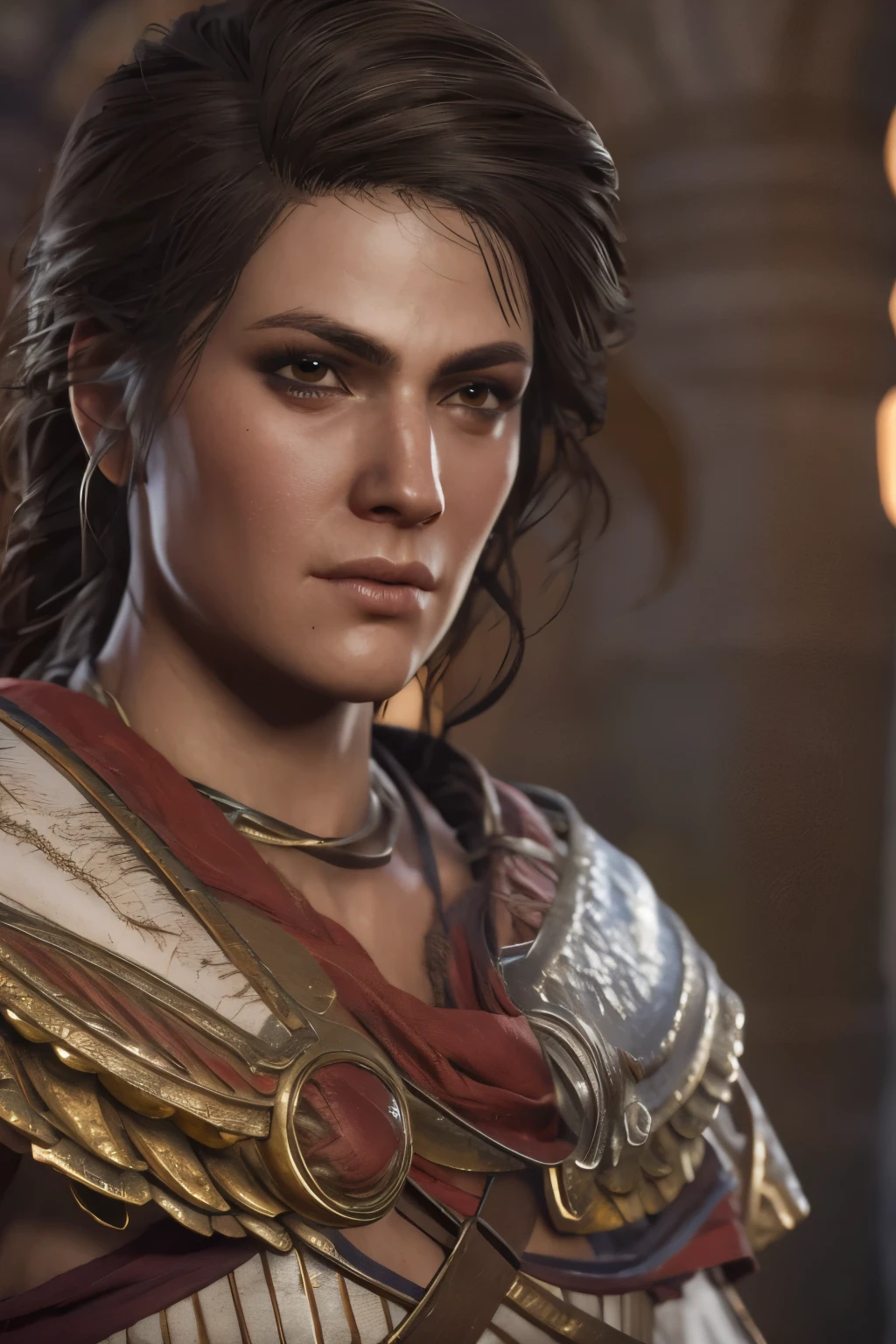 extremely detailed Kassandra Assassin's Creed Universe,Detailed Lips, Detailed Eyes, detailed eyelashes, detailed face, textured skin, super detail lighting, mid body shot,