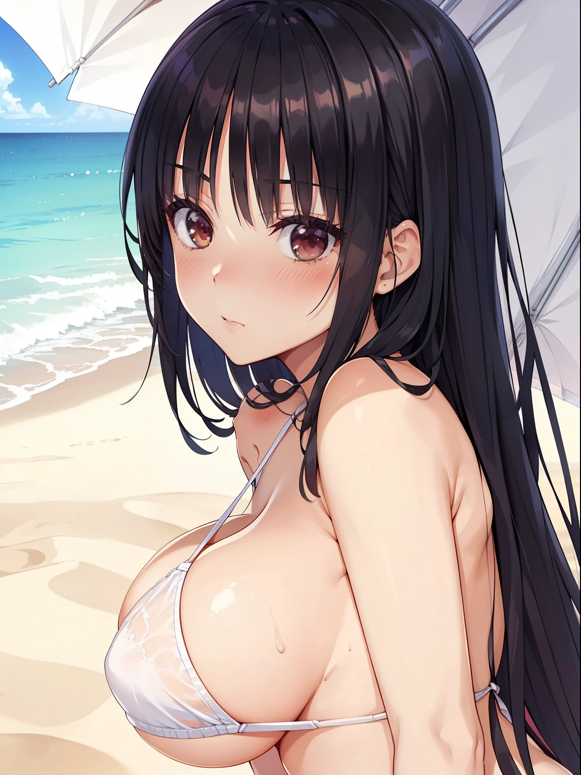 ((highest quality, High resolution,  perfect pixel, written boundary depth, 4k)), 1 girl,  beautiful anime girl, 
close, looking at the viewer, 
perfect body, 
, 
sntm, huge breast, long hair, dark hair, 

white micro bikini, 
(blush:1.2), 
in beach, Parasol Background, 
from below, upper body, 