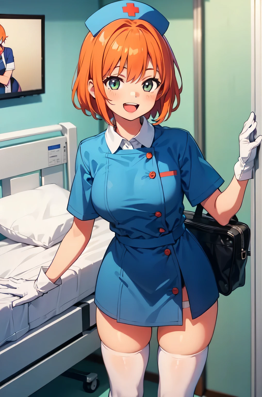 1girl, solo, nurse, nurse cap, white nurse uniform, ((white legwear, zettai ryouiki)), white gloves, very short hair, orange hair, smile, open mouth, standing, ((hospital room)), sharp outline, short sleeves, tomboy, boyish, best quality, masterpiece