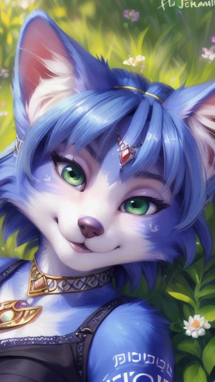 A beautiful and detailed (sweet portrait) von ((Krystal)), Sternenfuchs Krystal, Schlank, liebenswert, Green eyes, Small breasts, bequeme Kleidung, Dekollete, Grinsen, hoch schauen, Hochgeladen E621, detailed flauschige fur, (von Fluff-Kevlar, Bayard Wu, personalami, Pino Daeni), detailliertes Gesicht, (flauschige), 1girl, Allein, kein Wasserzeichen, auf einer blumenwiese liegend