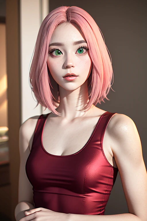 young woman, short shoulder-length pink hair, wide forehead, porcelain skin, pink eyebrows, big emerald green eyes, oned nose, full lips, heart-shaped face, slender body, small bread tank top, Sakura Haruno , realistic, realism, details, 3d, well detailed