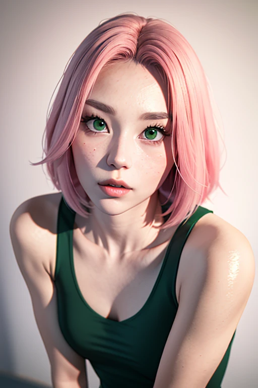 young woman, short shoulder-length pink hair, wide forehead, porcelain skin, pink eyebrows, big emerald green eyes, buttoned nose, full lips, heart-shaped face, slender body, small breasts, red tank top, Sakura Haruno , realistic, realism, details, 3d, well detailed
