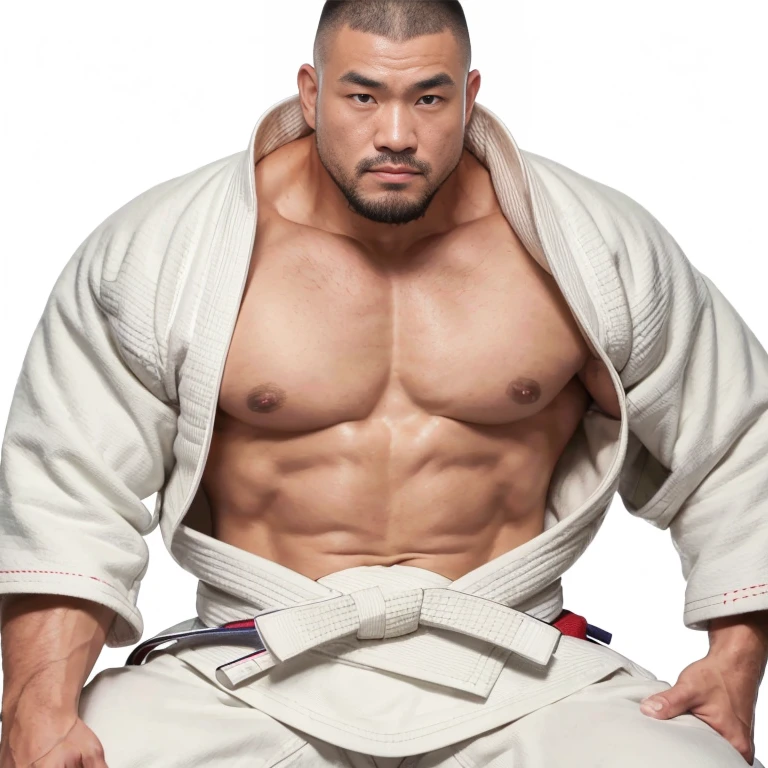 (judo uniform:1.4), (inside judo hall:1.2), Japanese man, Chinese man, Korean man, Taiwanese man, manly face, (round face:1.4), (monolid eyes:1.2), (buzz cut:1.4), very large and strong body, bulging muscles, very large pectoral muscles, muscular arms, muscular abs, muscular legs, muscular back, brightens oily skin, master piece, realistic, panorama, distant view
