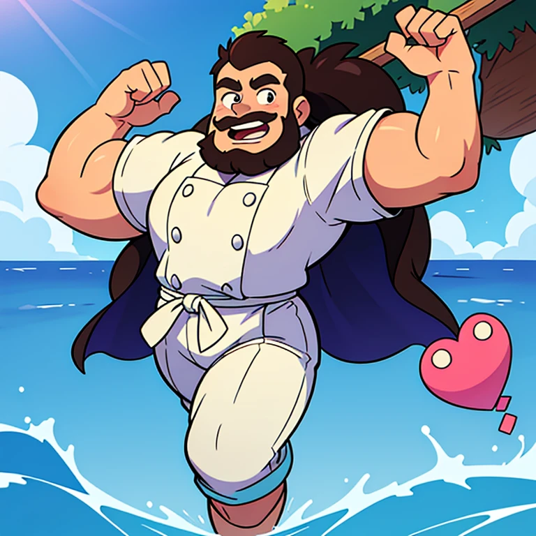 homem gordo grande, Barriga grande, chef in a seaside restaurant, tarde, grande sorriso, barba grande ((( recrie esse mesmo personagem em diversos movimentos de salto, correndo abaixando, lutando )))