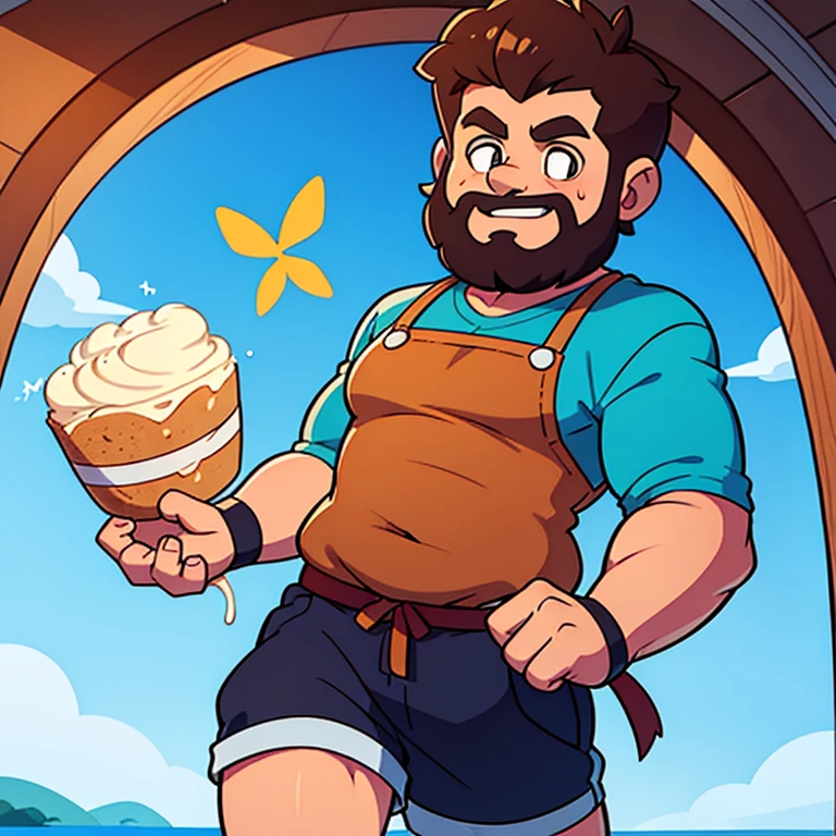 homem gordo grande, Barriga grande, chef in a seaside restaurant, tarde, grande sorriso, barba grande ((( recrie esse mesmo personagem em diversos movimentos de salto, correndo abaixando, lutando )))
