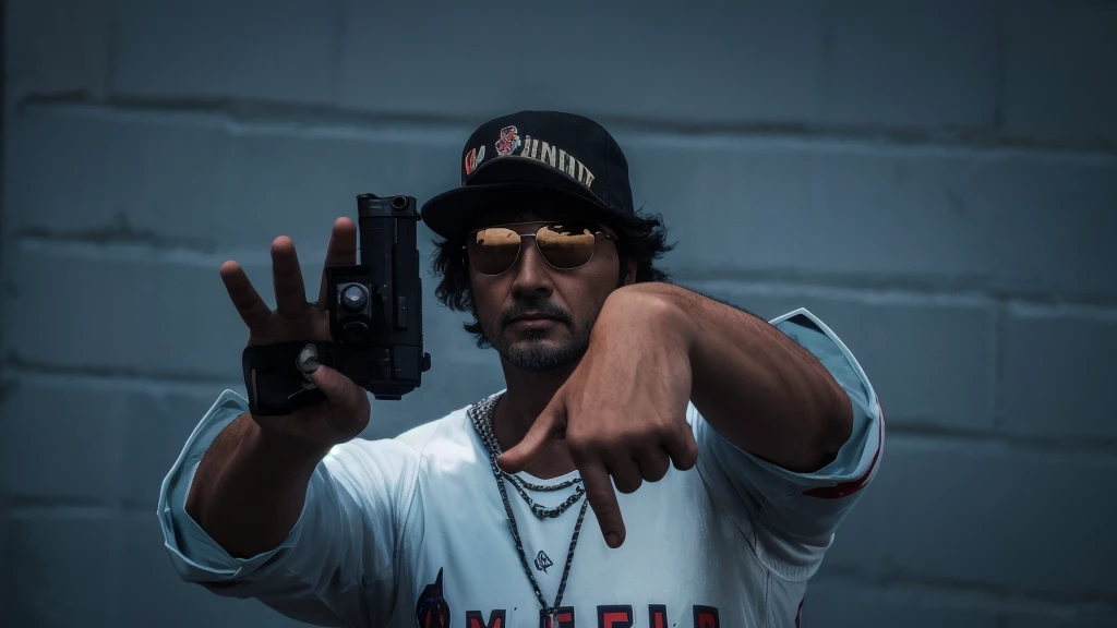 there is a man holding a gun and pointing at the camera, 8k realista, ar 9 cinematic shooting:16 -n 6 -g, [ Fotorrealismo 4k ], pessoa realista,, closeup de estilo de gesto pesado, com pistola