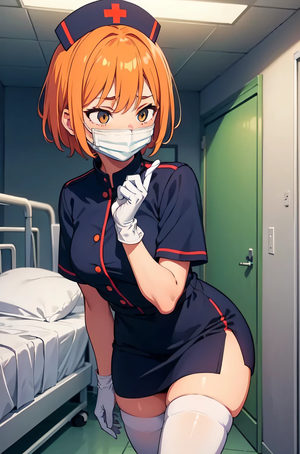 1girl, solo, nurse, nurse cap, white nurse uniform, ((white legwear, zettai ryouiki)), white gloves, very short hair, orange hair, ((white surgical mask, covered nose)), standing, ((hospital room)), sharp outline, short sleeves, tomboy, boyish, best quality, masterpiece