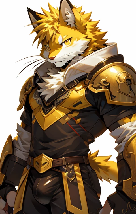 (by sollyz),detail face, detail eyes,detail,male,armor,long furry,yellow short hair,(whiskers:1.2),(bulge:1),
__b2__cat,yellow eyes,pupil,yellow body,handsome,simple background,slender,tail,
strong,epic,