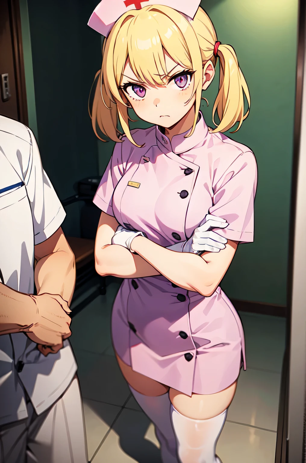 1girl, solo, nurse, nurse cap, white nurse uniform, ((white legwear, zettai ryouiki)), white gloves, twintails, yellow hair, purple eyes, angry, crossed arms, standing, ((hospital room)), sharp outline, short sleeves, best quality, masterpiece