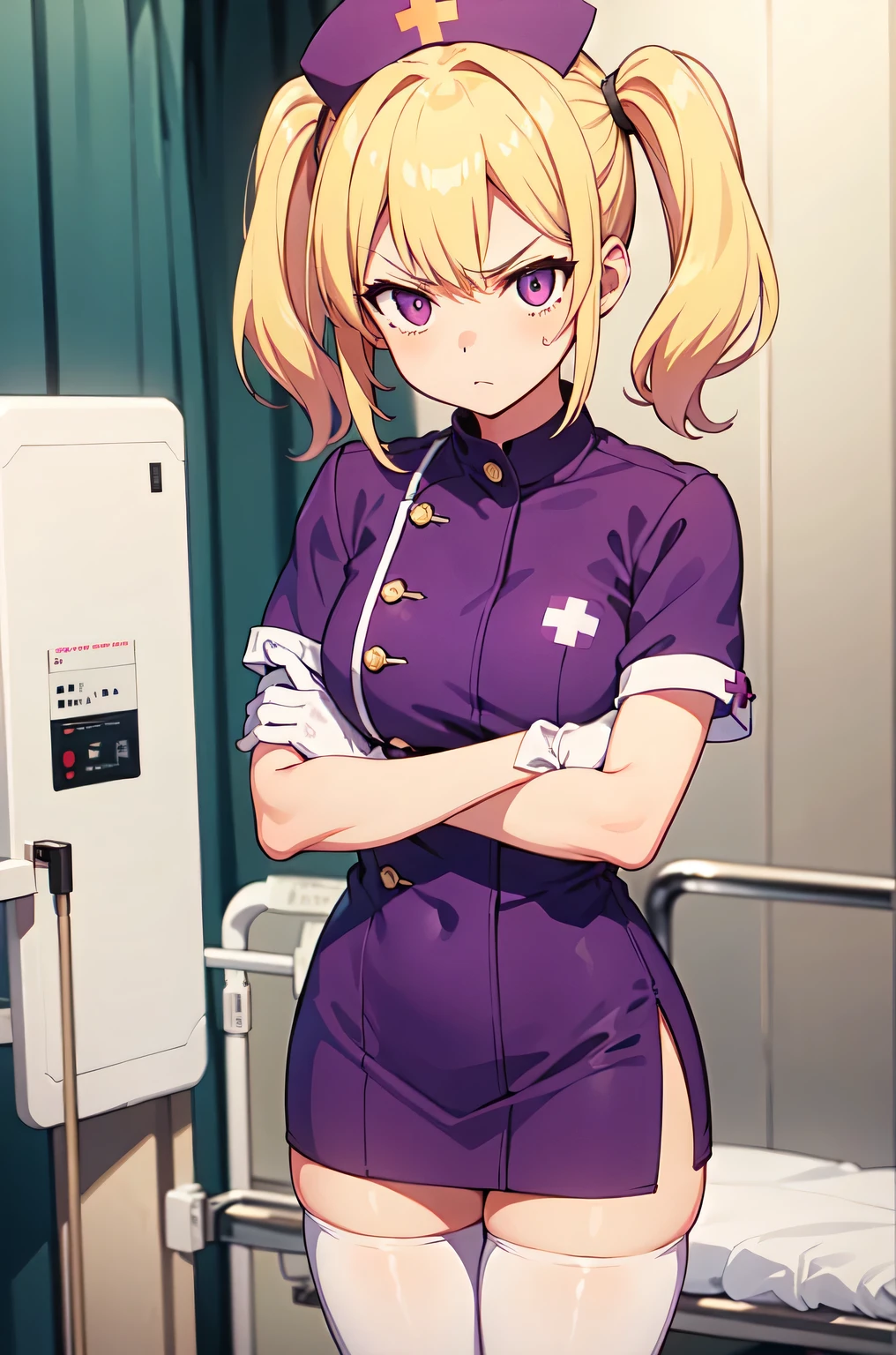 1girl, solo, nurse, nurse cap, white nurse uniform, ((white legwear, zettai ryouiki)), white gloves, twintails, yellow hair, purple eyes, angry, crossed arms, standing, ((hospital room)), sharp outline, short sleeves, best quality, masterpiece