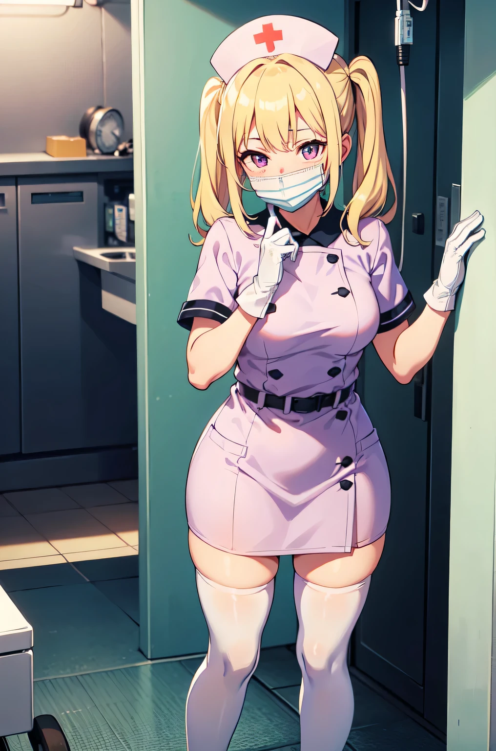 1girl, solo, nurse, nurse cap, white nurse uniform, ((white legwear, zettai ryouiki)), white gloves, twintails, yellow hair, purple eyes, ((white surgical mask, covered nose)), standing, ((hospital room)), sharp outline, short sleeves, best quality, masterpiece