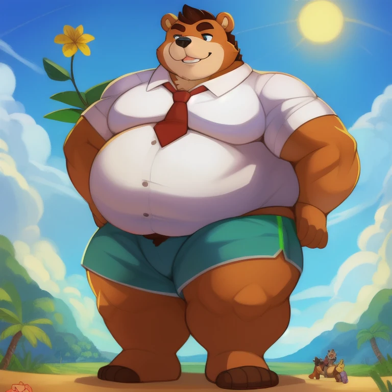 Crie uma obra de arte digital no estilo pop art, featuring a morbidly obese bear, chubby, extremely thick thighs, large belly, wearing a tie and unbuttoned white t-shirt ,socks and sleeping shorts,, Plantas, Sozinho, Macho, velho, maduro, sobrepeso, cabelo cinza, cabelo curto, bigode, peito peludo, pelo marrom, corpo marrom, urso, Pesado, grande, grande, cinematic color scheme, surrounded by vintage flower patterns, energetic strokes,the climate must be dynamic, tronco, desenho, illustration, escala de cinza, tropical, fruit fertilizer, fertilizer plants, Muitas flores, Vetor, pintura, fundo de profundidade, inspirado em Shiba Kokan, Front view image.