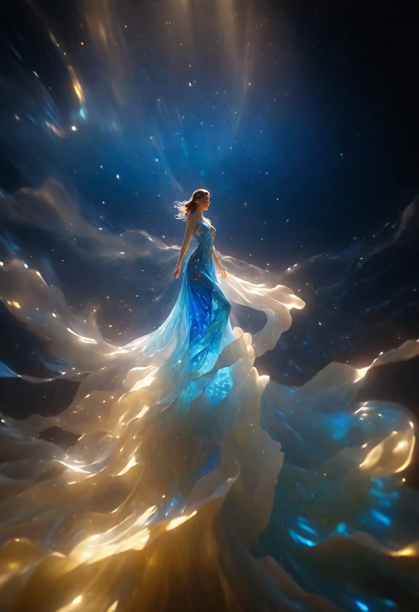 imagine a glass woman, Her exquisite figure is like a sculpture-like work of art, Crying in the Starry Sky. The blue night enveloped her, A melancholy light enveloped her elegant figure. Her glass body glows with bright blue hues, Every line and curve is etched with intricate detail. The glass in her eyes reflects the twinkling stars, Reflecting the infinite depth and emotion of the universe. Her sadness is beyond words, But her beautiful figure is not affected at all, Proof of the extraordinary power of emotion. This 4K glass woman is an exquisite picture of light and shadow, color, and feeling, arrive,body glow,glowing line,fluorescence,Luminous example,Tracking example,flash,萤light particles,backlight,translucent,light particles,correct human anatomy,Presented by Octane,Volumetric light,natural soft light,), (Super exquisite:1.2, Loss of focus:1.2, Very colorful, Cinema lighting, chiaroscuro,Ray tracing), masterpiece, super rich,super detailed,8K, 3ddianshang\(style\)