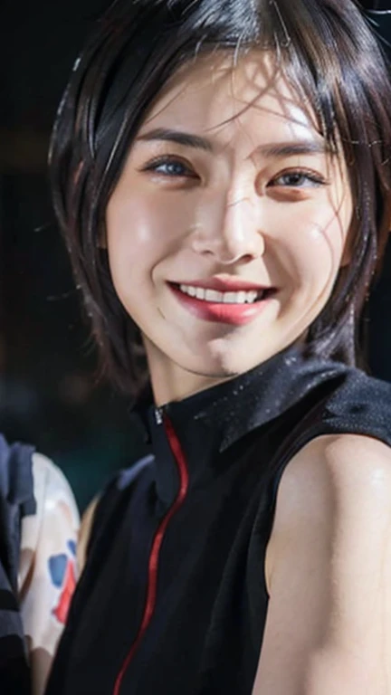 (best quality,4k,8k,highres,masterpiece:1.2),ultra-detailed,(realistic,photorealistic,photo-realistic:1.37), 1girl, konan akatsuki in anime naruto shippuden, short hair, dark blue hair, yellow eyes, beautiful detailed eyes, beautiful detailed lips, smile, black clothes, Mona's background, red lips, vivid colors, sharp focus, anime, portraits, studio lighting, fine painting, physically-based rendering.