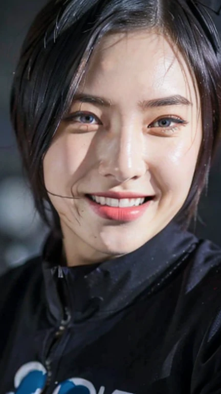 (best quality,4k,8k,highres,masterpiece:1.2),ultra-detailed,(realistic,photorealistic,photo-realistic:1.37), 1girl, konan akatsuki in anime naruto shippuden, short hair, dark blue hair, yellow eyes, beautiful detailed eyes, beautiful detailed lips, smile, black clothes, Mona's background, red lips, vivid colors, sharp focus, anime, portraits, studio lighting, fine painting, physically-based rendering.