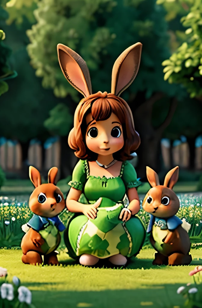 Maman lapin et ses deux petits bébés-lapins dans l'herbe verte