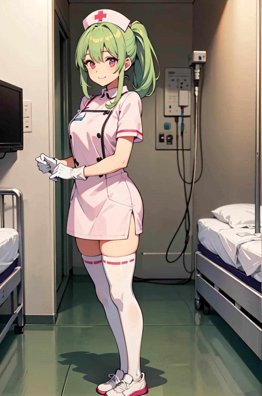 1girl, solo, nurse, nurse cap, white nurse uniform, ((white legwear, zettai ryouiki)), white gloves, ponytail, green hair, pink eyes, smile, standing, ((hospital room)), sharp outline, short sleeves, best quality, masterpiece