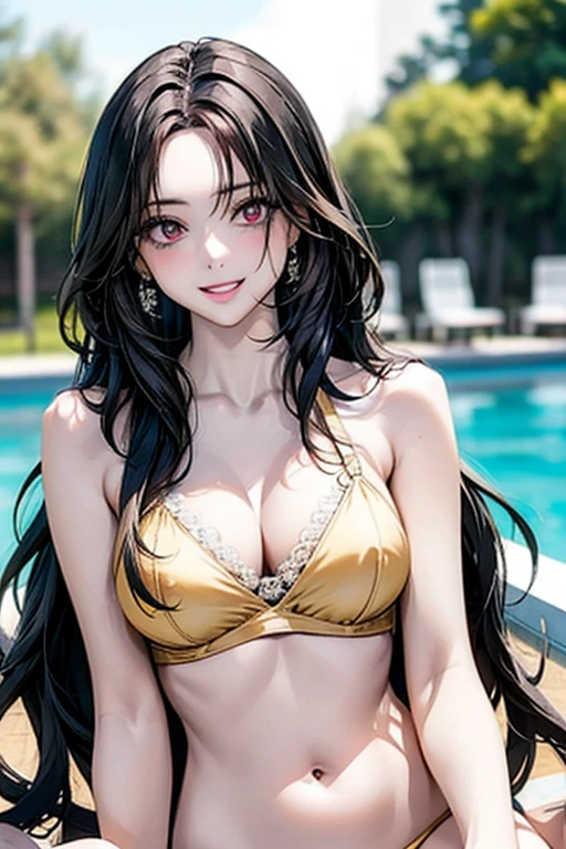 Black hair, long hair, pink eyes, sexy, large breasts, beautiful body, masterpiece, smile, ((yellow lingerie)), sexy lingerie, hotel swimming pool,busty, buxom, curvy, voluptuous