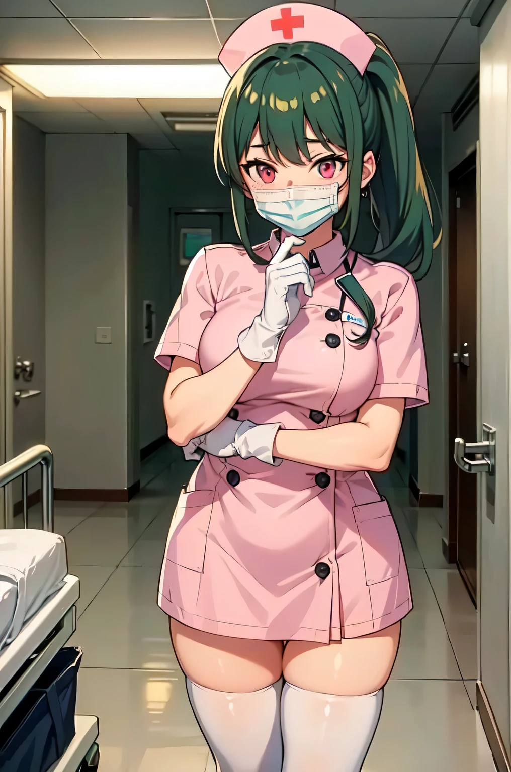 1girl, solo, nurse, nurse cap, white nurse uniform, ((white legwear, zettai ryouiki)), white gloves, ponytail, green hair, pink eyes, ((white surgical mask, covered nose)), standing, ((hospital room)), sharp outline, short sleeves, best quality, masterpiece