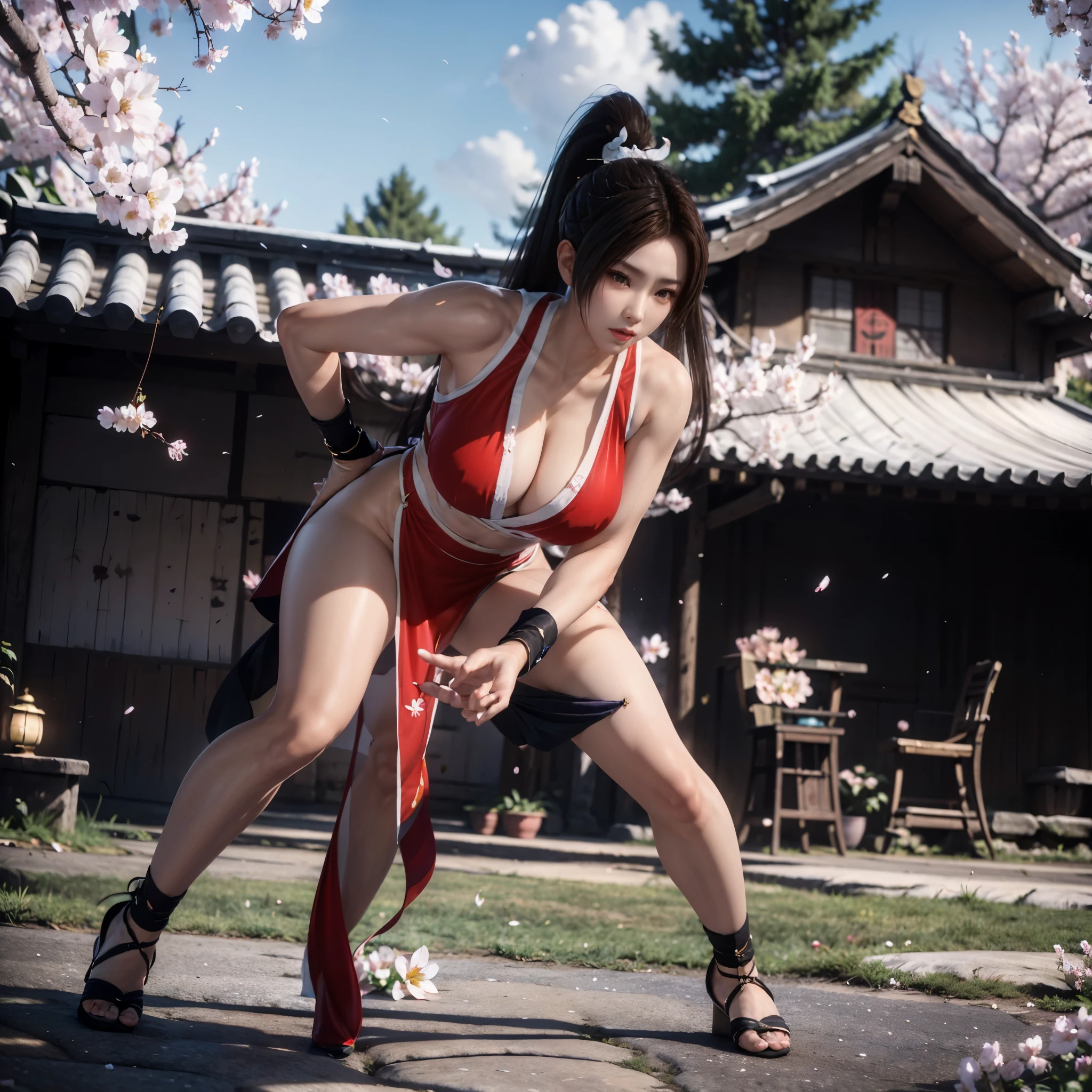 (((full body，big breasts，perfect hands，perfect legs，Finger details))),Under the cherry blossom trees in the spring breeze，The red fighting uniform worn by Mai Shiranui，The posture is sturdy and elegant。Her long hair is flowing with the wind，A few strands of hair caressing my cheeks，Adding a touch of softness to her resolute face。Her eyes were firm and deep，Seems to be able to discern the weaknesses of all opponents。 Her hands were clenched into fists，It seems to be simulating the movements of fighting.，Every movement is smooth and powerful，It's full of action。Her body rotates slightly with the changes in movements，As if in a fierce battle with an invisible opponent。 Petals falling from the surrounding cherry blossom trees，A sharp contrast to Mai Shiranui&#39;s red fighting uniform.，Adds a bit of a beautiful atmosphere。Petals flutter lightly in the air，As if applauding Mai Shiranui’s fighting skills。 整幅画面It's full of action与唯美，It not only shows the strength and tenacity of Mai Shiranui as a fighter，It also reflects her gentleness and tranquility under the cherry tree。This kind of picture makes people feel like they are in a world full of poetry and power.。