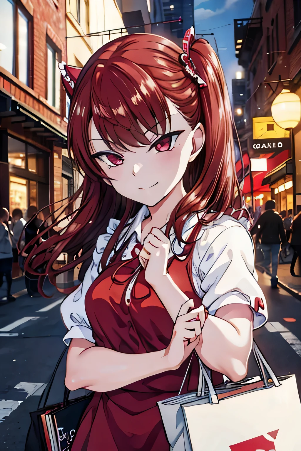 table top, small details, 4k, 8K, 12k, alone, 1 person, beautiful girl, white woman, Upper body, Maid clothes、Borei Reimu、black haired、red eyes、wingspan、smile, Shopping bag, paper bag, detailed background, city, Harajuku