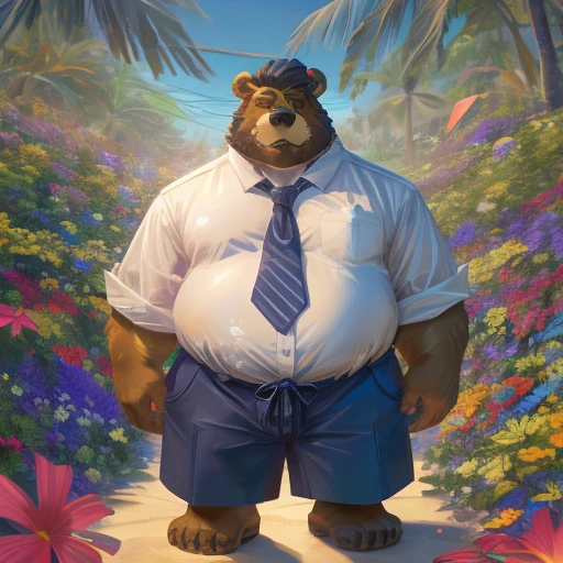 Crie uma obra de arte digital no estilo pop art, featuring a morbidly obese bear, chubby, extremely thick thighs, large belly, wearing a tie and unbuttoned white t-shirt ,socks and sleeping shorts,, Plantas, Sozinho, Macho, velho, maduro, sobrepeso, cabelo cinza, cabelo curto, bigode, peito peludo, pelo marrom, corpo marrom, urso, Pesado, grande, grande, cinematic color scheme, surrounded by vintage flower patterns, energetic strokes,the climate must be dynamic, tronco, desenho, illustration, escala de cinza, tropical, fruit fertilizer, fertilizer plants, Muitas flores, Vetor, pintura, fundo de profundidade, inspirado em Shiba Kokan, Front view image