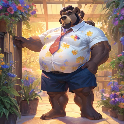 Crie uma obra de arte digital no estilo pop art, featuring a morbidly obese bear, chubby, extremely thick thighs, large belly, wearing a tie and unbuttoned white t-shirt ,socks and sleeping shorts,, Plantas, Sozinho, Macho, velho, maduro, sobrepeso, cabelo cinza, cabelo curto, bigode, peito peludo, pelo marrom, corpo marrom, urso, Pesado, grande, grande, cinematic color scheme, surrounded by vintage flower patterns, energetic strokes,the climate must be dynamic, tronco, desenho, illustration, escala de cinza, tropical, fruit fertilizer, fertilizer plants, Muitas flores, Vetor, pintura, fundo de profundidade, inspirado em Shiba Kokan, Front view image