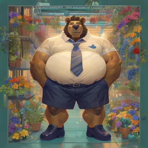 Crie uma obra de arte digital no estilo pop art, featuring a morbidly obese bear, chubby, extremely thick thighs, large belly, wearing a tie and unbuttoned white t-shirt ,socks and sleeping shorts,, Plantas, Sozinho, Macho, velho, maduro, sobrepeso, cabelo cinza, cabelo curto, bigode, peito peludo, pelo marrom, corpo marrom, urso, Pesado, grande, grande, cinematic color scheme, surrounded by vintage flower patterns, energetic strokes,the climate must be dynamic, tronco, desenho, illustration, escala de cinza, tropical, fruit fertilizer, fertilizer plants, Muitas flores, Vetor, pintura, fundo de profundidade, inspirado em Shiba Kokan, Front view image