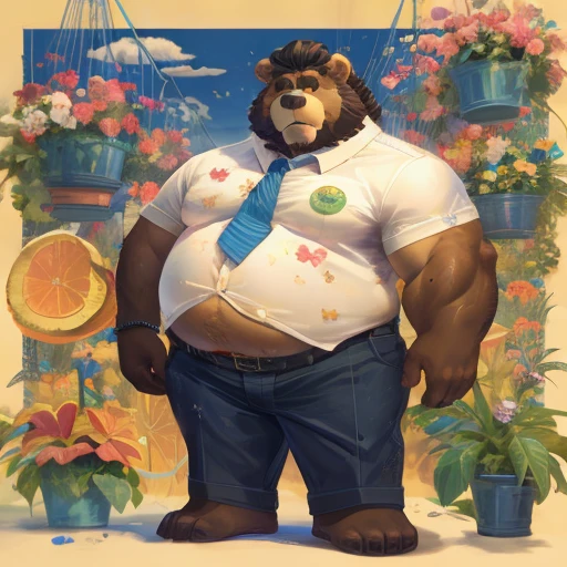 Crie uma obra de arte digital no estilo pop art, featuring a morbidly obese bear, chubby, extremely thick thighs, large belly, wearing a tie and unbuttoned white t-shirt ,socks and sleeping shorts,, Plantas, Sozinho, Macho, velho, maduro, sobrepeso, cabelo cinza, cabelo curto, bigode, peito peludo, pelo marrom, corpo marrom, urso, Pesado, grande, grande, cinematic color scheme, surrounded by vintage flower patterns, energetic strokes,the climate must be dynamic, tronco, desenho, illustration, escala de cinza, tropical, fruit fertilizer, fertilizer plants, Muitas flores, Vetor, pintura, fundo de profundidade, inspirado em Shiba Kokan, Front view image