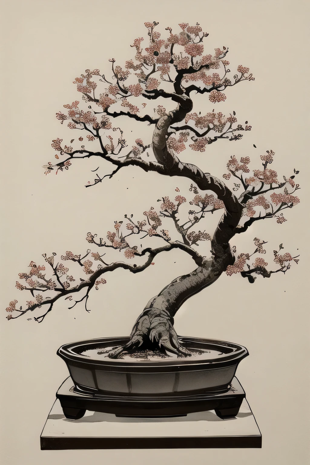 bonsai cherry tree ink wash no background