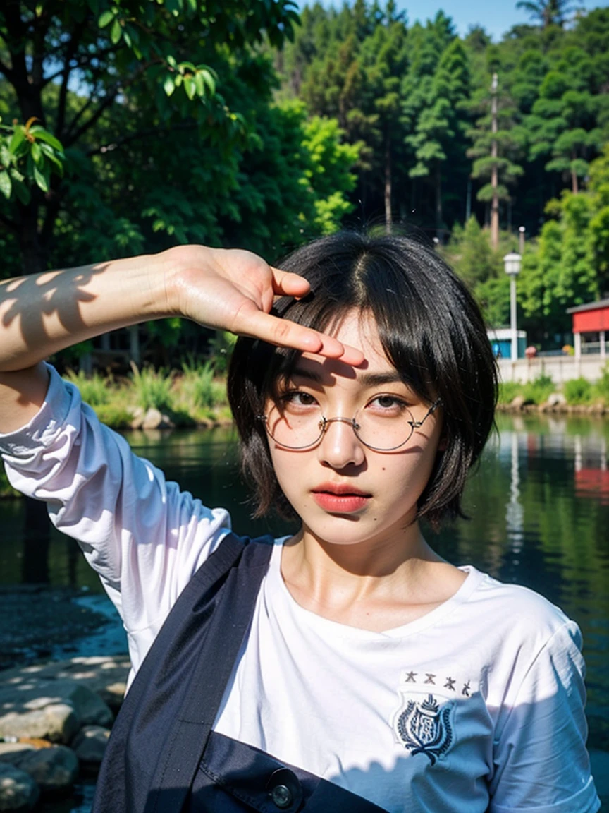 Realistic Photography, Beautiful Young Female ,Short hair ,river, extremely delicate and beautiful},Outstanding light and shadow, highly detailed wallpaper,Clear and bright sunlight, taking a selfie