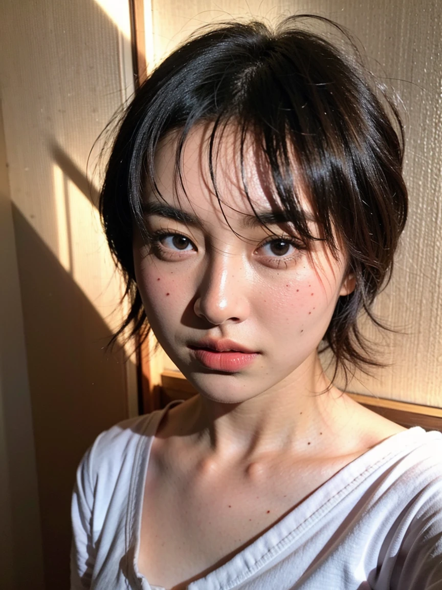 (Realistic:1.3、Ultra HD、Ultra-high resolution、8k、Japanese office lady、Collared shirt、Sleep on your back)、((Looking into the camera:1.8))、(Extremely realistic skin texture:1.4)、(Realistic:1.3)、short hair、(Embarrassed look:1.75)、(Blonde Hair:1.5)、(40-year-old woman、Mature Woman)、Ponytail hairstyle、(Raise her arm to show her armpit:1.3)、(Face close-up:1.0)
