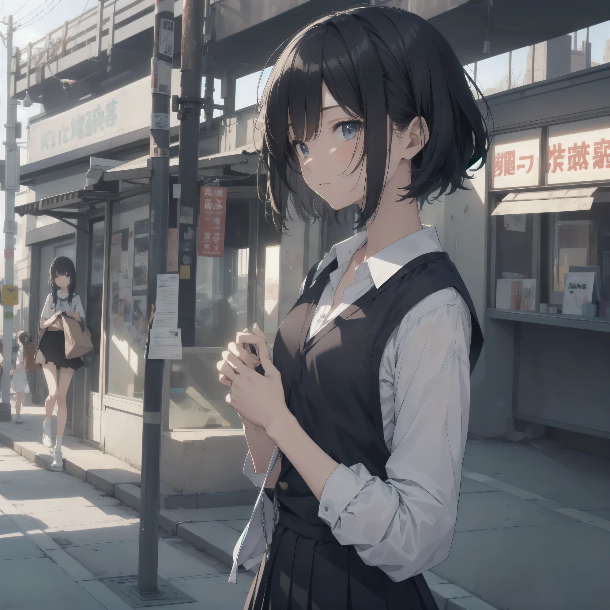 ultra-absurdres-Top quality by artist God, ultra-detailed, high resolution, anime moe artstyle, best anime 8k konachan wallpaper, pixiv contest winner, perfect anatomy,break, 1girl, (Please draw a girl walking sleepily to school alone. )break,(Solo,little female, 13-year-old:1.3),Full limbs, complete fingers,a junior high school student, Attractiveness of immature bodies, (very short hair), short cut, flat chest, , small butt, small black eyes, beautiful detailed eyes, well-proportioned iris and pupils, expressive eyes, highres detailed hair, soft expression, school_uniform, white shirt, pleated skirt,(Detailed Lighting), (Detailed background), in the School commute route. break,super detailed skin, Best cinematic lighting powered by famous artist, 8k,beauty illustration,photoshop_(medium),very aesthetic,break,((artist:fujiyama )), artist:akinashi yuu ,artist:oyari ashito ,artist:kantoku ,