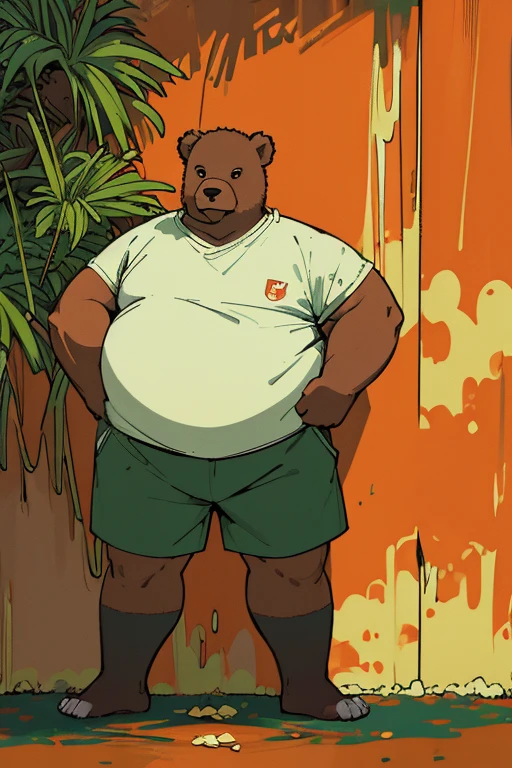 Crie uma obra de arte digital no estilo pop art, featuring a morbidly obese bear, chubby, extremely thick thighs, large belly, wearing a tie and unbuttoned white t-shirt ,socks and sleeping shorts,, Plantas, Sozinho, Macho, velho, maduro, sobrepeso, cabelo cinza, cabelo curto, bigode, peito peludo, pelo marrom, corpo marrom, urso, Pesado, grande, grande, cinematic color scheme, surrounded by vintage flower patterns, energetic strokes,the climate must be dynamic, tronco, desenho, illustration, escala de cinza, tropical, fruit fertilizer, fertilizer plants, Muitas flores, Vetor, pintura, fundo de profundidade, inspirado em Shiba Kokan, Front view image